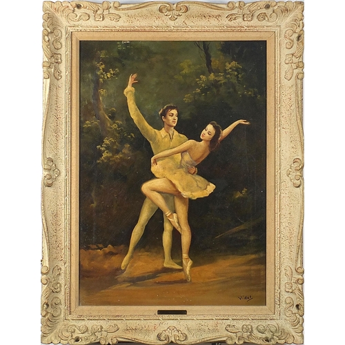 476 - Vidal - Ballet dancers, 20th century oil, applied plaque to the mount, indistinct label verso, mount... 