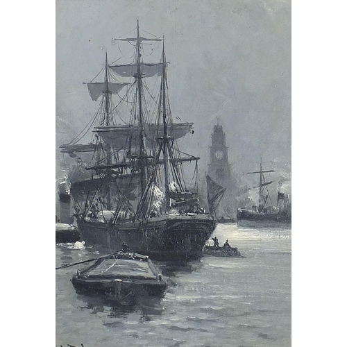 711 - Shipping in Liverpool harbour, monochrome oil, indistinctly monogrammed possibly C J D L, framed, 26... 