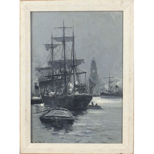 711 - Shipping in Liverpool harbour, monochrome oil, indistinctly monogrammed possibly C J D L, framed, 26... 