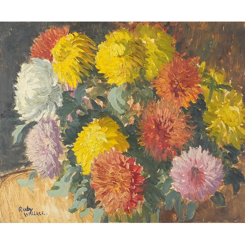 689 - Ruby Wallace - Still life flowers, oil on board, mounted and framed, 49cm x 38cm excluding the mount... 