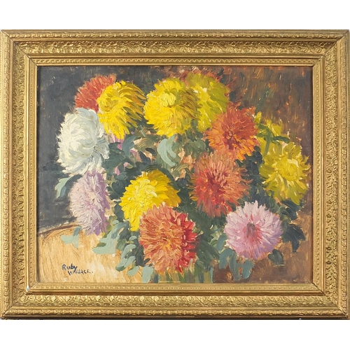 689 - Ruby Wallace - Still life flowers, oil on board, mounted and framed, 49cm x 38cm excluding the mount... 