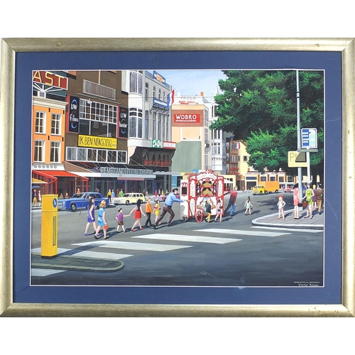 694 - Victor Anson - Rembrandtplein, Amsterdam, gouache on paper, mounted and framed, 73.5cm x 54cm exclud... 