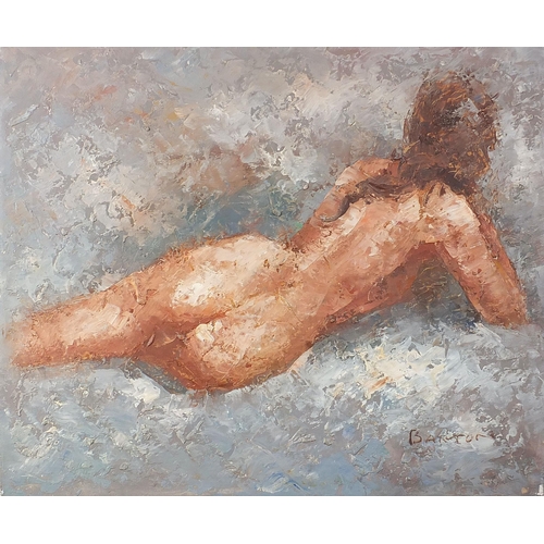 690 - Reclining nude female, oil on canvas, indistinctly signed possibly Barton?, unframed, 61cm x 50.5cm