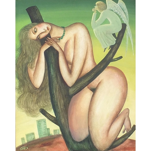 698 - Nude female and angel, surreal gouache and watercolour, mounted, framed and glazed, 39cm x 31cm excl... 