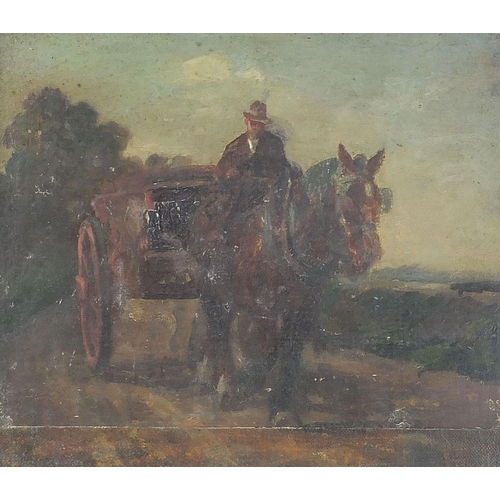 695 - Horse and cart, antique oil on board, mounted and framed, 26cm x 23cm excluding the mount and frame