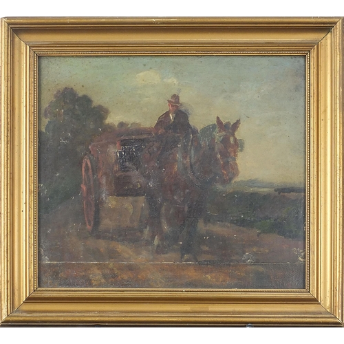 695 - Horse and cart, antique oil on board, mounted and framed, 26cm x 23cm excluding the mount and frame