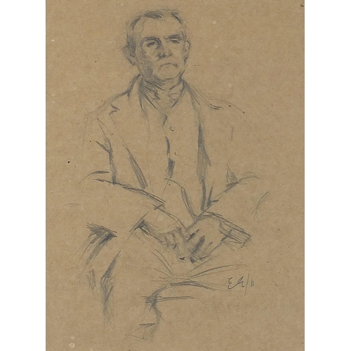 687 - Seated gentleman wearing a suit, pencil drawing, monogrammed E G, mounted, framed and glazed, 23.5cm... 