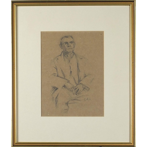 687 - Seated gentleman wearing a suit, pencil drawing, monogrammed E G, mounted, framed and glazed, 23.5cm... 