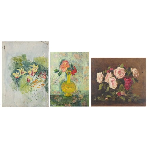 1646 - Still life flowers, three oil on canvasses, one framed, two unframed, the largest 53cm x 38cm