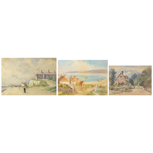 1643 - Runswick Bay and New Haven in distance, three watercolours, one signed E Devil and one inscribed A R... 