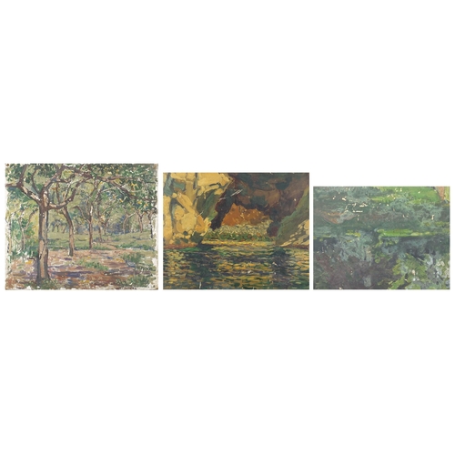 1645 - River landscape and woodland, three oil on boards, two framed, one unframed, the largest 48cm x 36cm