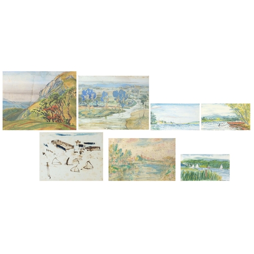 1652 - Landscapes and surreal composition, seven mixed medias including one with label verso, High Range, p... 