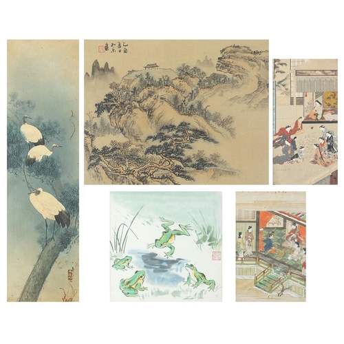 1648 - Figures in a palace setting, landscapes and frogs, five Chinese and Japanese watercolours, some with... 