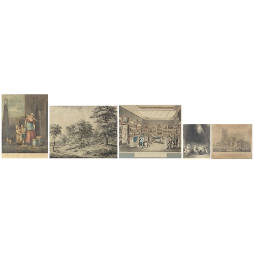 1644 - Five antique and later prints including Exhibition of Watercoloured Drawings, Old Bond street and Ti... 