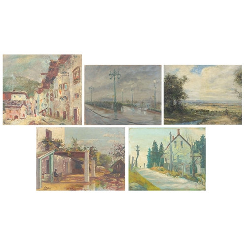 1641 - Street scenes and landscapes, five oils, one signed Aspery, four unframed, one framed, the largest 4... 