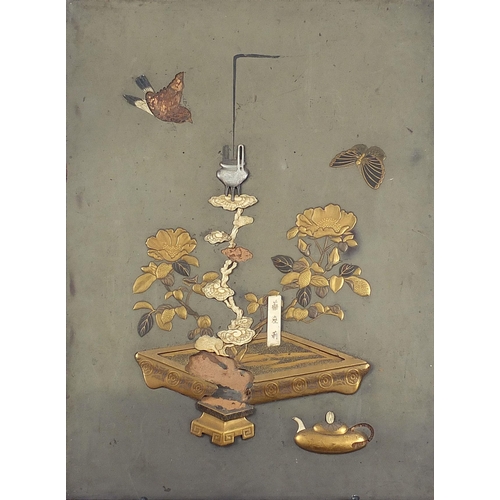 105 - Japanese Shibayama lacquered panel depicting a bird and butterfly amongst flowers, 45.5cm x 33.5cm