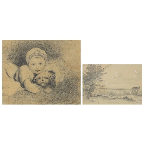 696 - Landscape with trees and young girl with dog, two pencil drawings, one mounted, framed and glazed, o... 