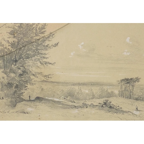 696 - Landscape with trees and young girl with dog, two pencil drawings, one mounted, framed and glazed, o... 