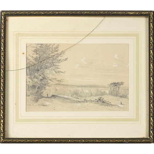 696 - Landscape with trees and young girl with dog, two pencil drawings, one mounted, framed and glazed, o... 