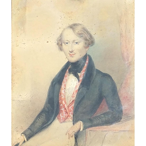 699 - Portrait of a seated gentleman wearing a waistcoat, 19th century pencil and watercolour, mounted, fr... 