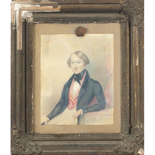 699 - Portrait of a seated gentleman wearing a waistcoat, 19th century pencil and watercolour, mounted, fr... 