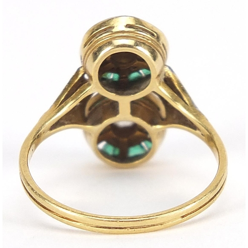 1671 - Art Deco unmarked gold diamond and emerald ring, size L, 3.7g