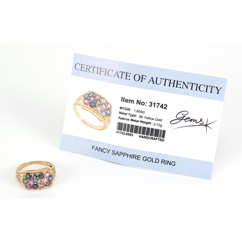 1741 - 9ct gold fancy sapphire cluster ring with certificate, size N, 3.1g