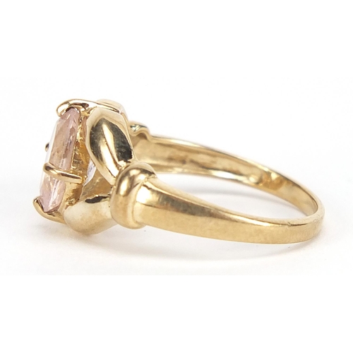 1748 - 9ct gold pink stone ring with pierced setting, size N, 3.0g