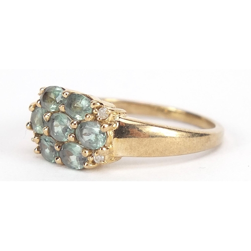 1723 - 9ct gold green stone and diamond cluster ring, size N, 2.8g