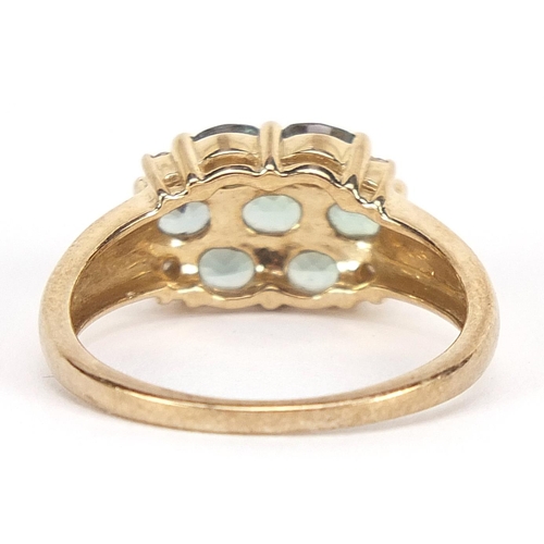 1723 - 9ct gold green stone and diamond cluster ring, size N, 2.8g