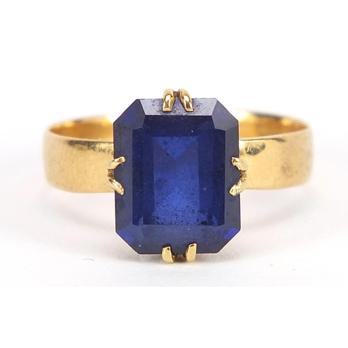 1674 - 18ct gold sapphire ring, the sapphire approximately 10mm x 8mm x 3.5mm deep, size K, 2.9g