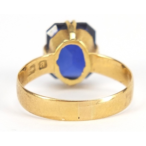 1674 - 18ct gold sapphire ring, the sapphire approximately 10mm x 8mm x 3.5mm deep, size K, 2.9g