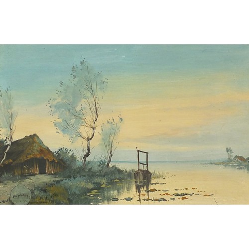 682 - Asian landscape with water, oil on canvas, mounted and framed, 57cm x 38cm excluding the mount and f... 