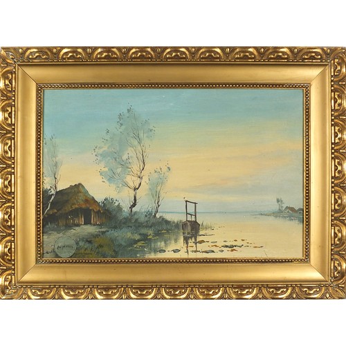 682 - Asian landscape with water, oil on canvas, mounted and framed, 57cm x 38cm excluding the mount and f... 