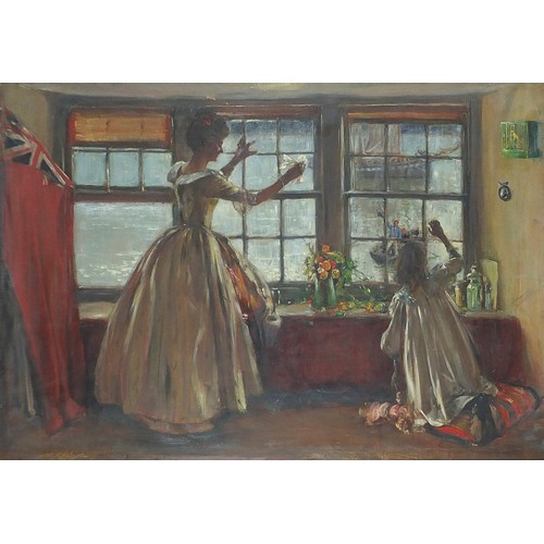 473 - Archibald Standish Hartrick - Interior scene with mother and child before boats and water, Pre-Rapha... 