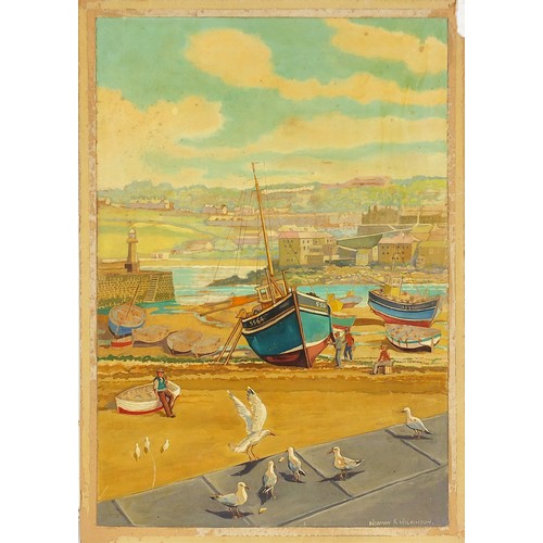 441 - Norman K Wilkinson - St Ives Harbour, Cornwall, mixed media on card, inscribed in ink poster colours... 