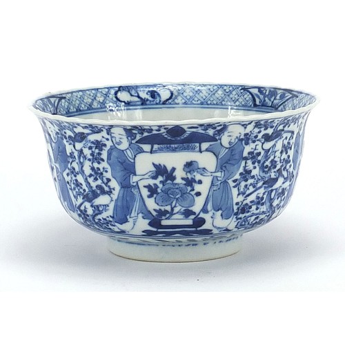 2 - Chinese blue and white porcelain bowl, hand painted with figures holding vases and birds amongst flo... 
