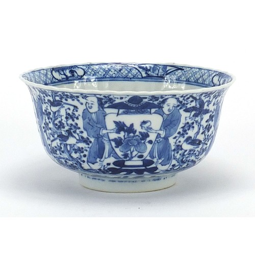 2 - Chinese blue and white porcelain bowl, hand painted with figures holding vases and birds amongst flo... 