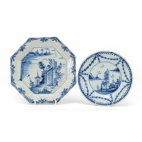 353 - Two 18th century tin glazed plates, one English, one Delft, the largest 21cm in diameter