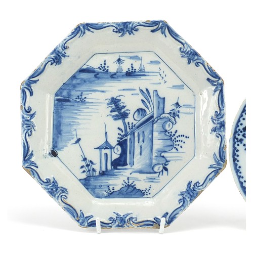 353 - Two 18th century tin glazed plates, one English, one Delft, the largest 21cm in diameter