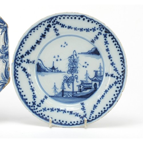 353 - Two 18th century tin glazed plates, one English, one Delft, the largest 21cm in diameter