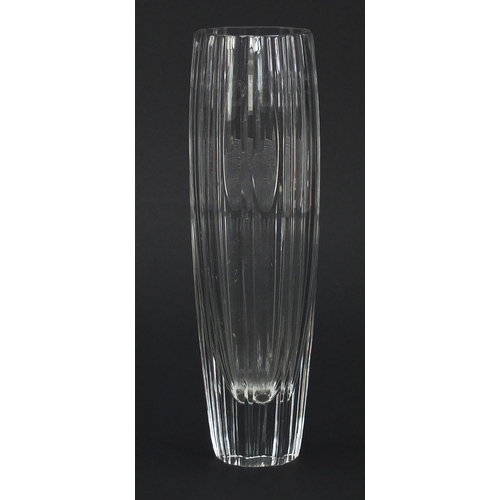 436 - Czechoslovakian cut glass vase etched with the town of Krivoklat, 22cm high