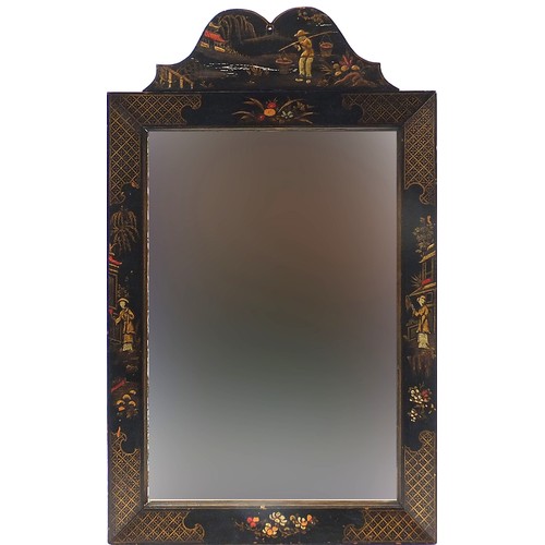 287 - Antique chinoiserie lacquered wall mirror hand painted with figures, 89cm x 53cm