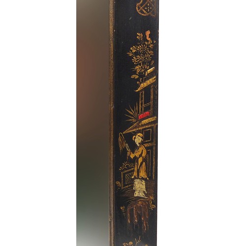 287 - Antique chinoiserie lacquered wall mirror hand painted with figures, 89cm x 53cm