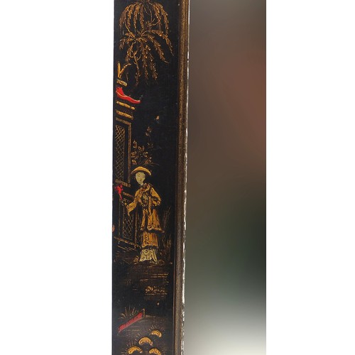 287 - Antique chinoiserie lacquered wall mirror hand painted with figures, 89cm x 53cm