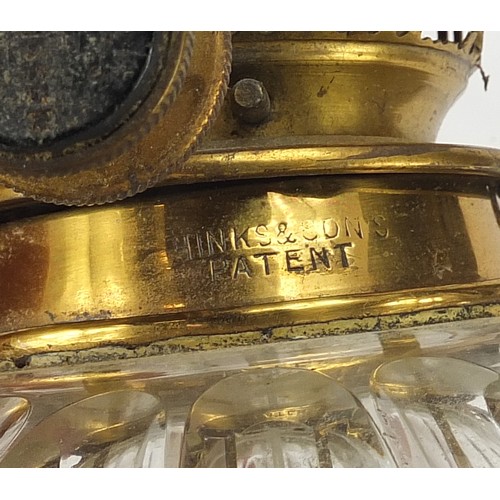 272 - Antique brass and glass converted oil lamp to electric
 use, by Hicks & Son, wall mounted on a swing... 