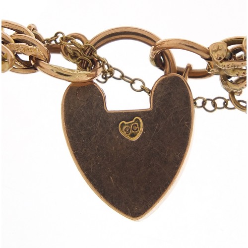 1746 - Victorian 9ct rose gold four row gate link bracelet with love heart padlock, 14cm in length, 11.6g