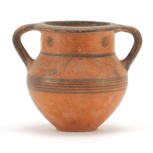 127 - Cypriot miniature pottery krater with twin handles, 8.5cm high