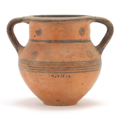 127 - Cypriot miniature pottery krater with twin handles, 8.5cm high