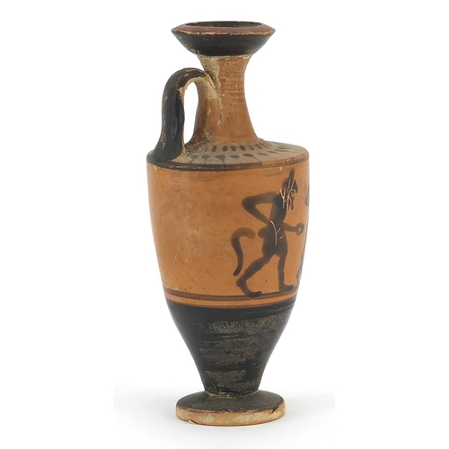 137 - Attic pottery lekythos hand painted with black figures, 11cm high